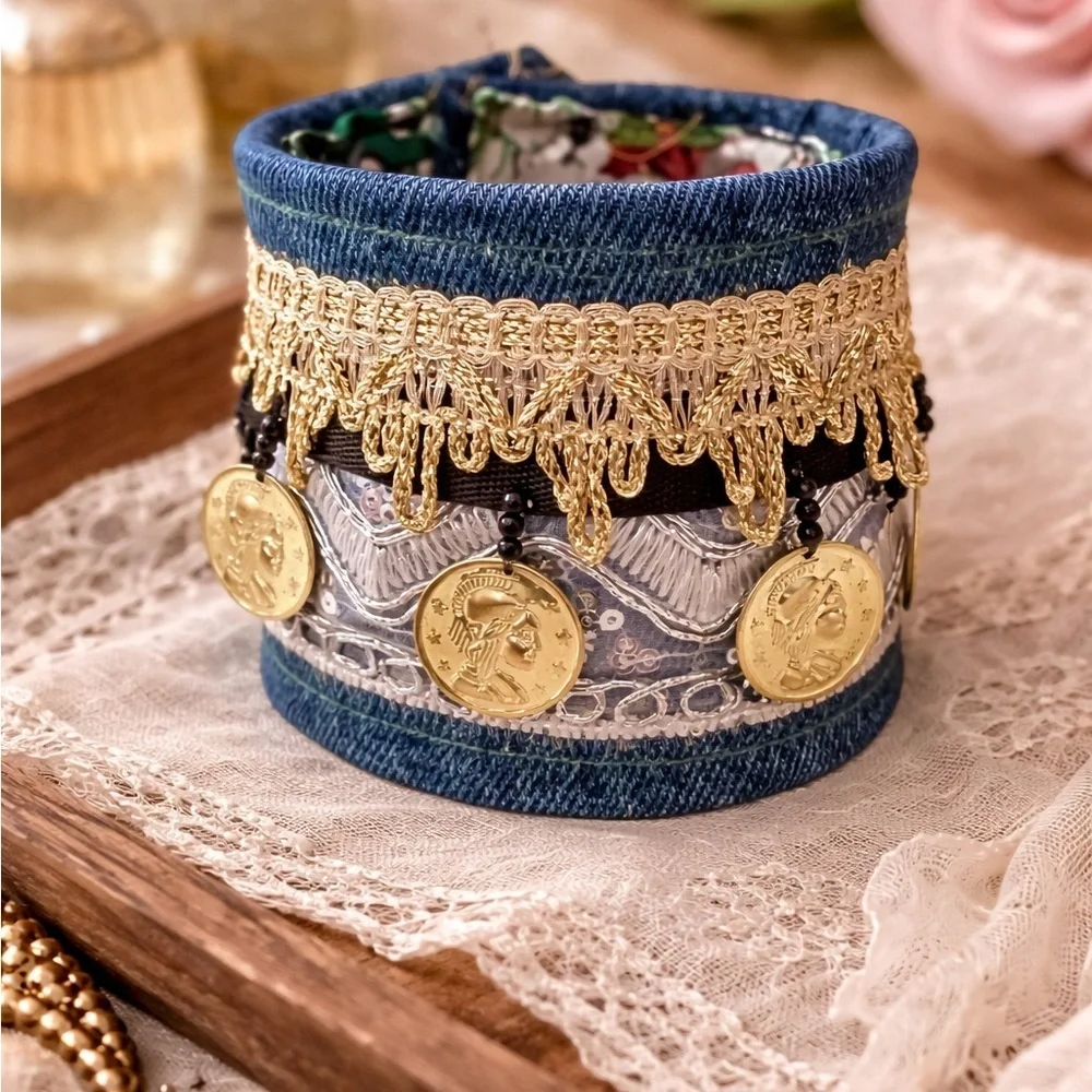 RUBYRUDI Cuff Bracelet Handcrafted OOAK Fabric Embellished Artisan Wearable Art